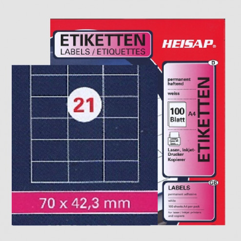 Selbstklebe-Etikettenbogen A4 – 70 x 42.3 mm – 21 Etiketten pro Blatt
