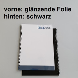 Broschüre Wiro-Bindung - mit Folie glanz 0,2 mm, Rückkarton Schwarz